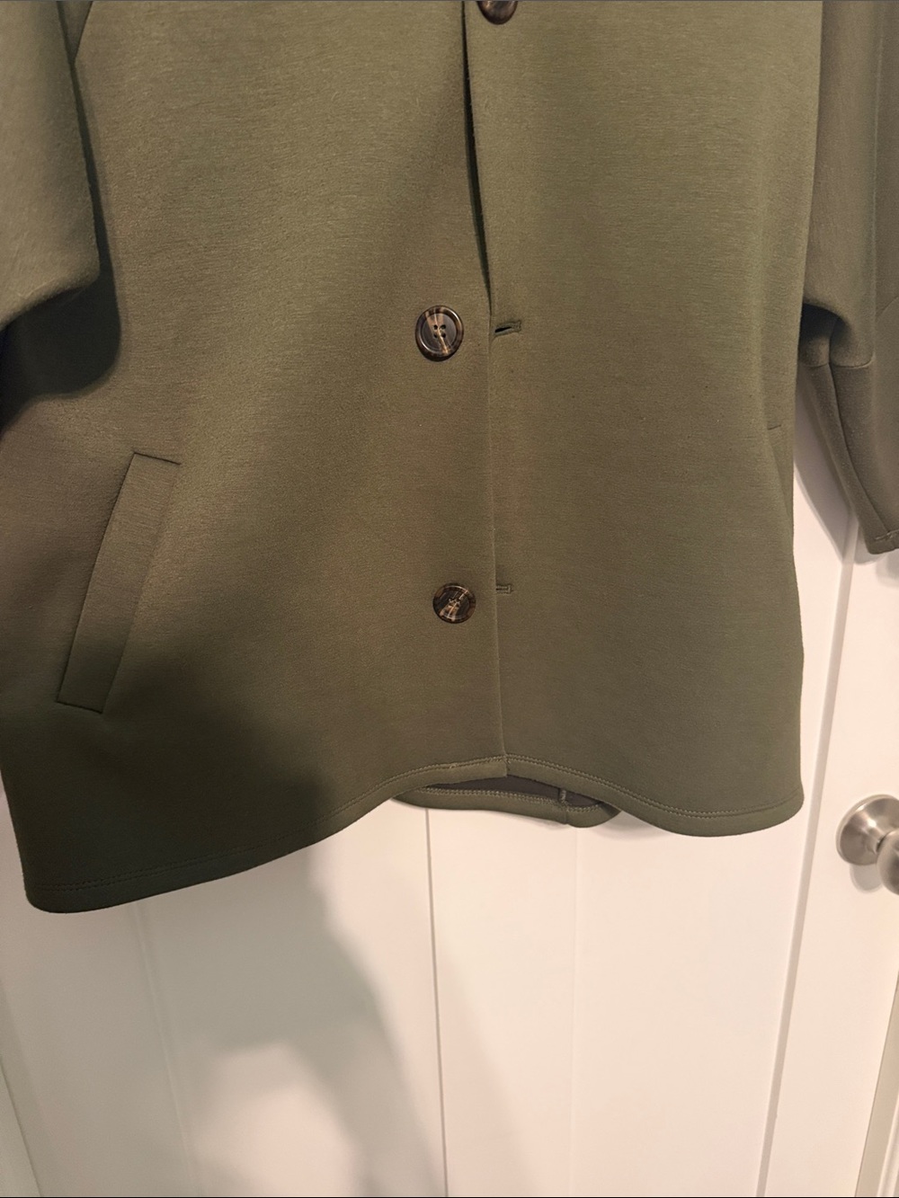 THML Women's Olive Green Funnel Neck Button-Front Swing Cape Coat - Picture 9 of 9